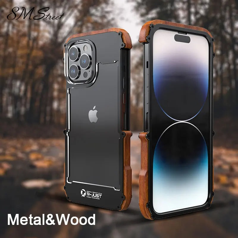R-Just Aluminium Natural Wood Anti Shock Bumper Case - iPhone