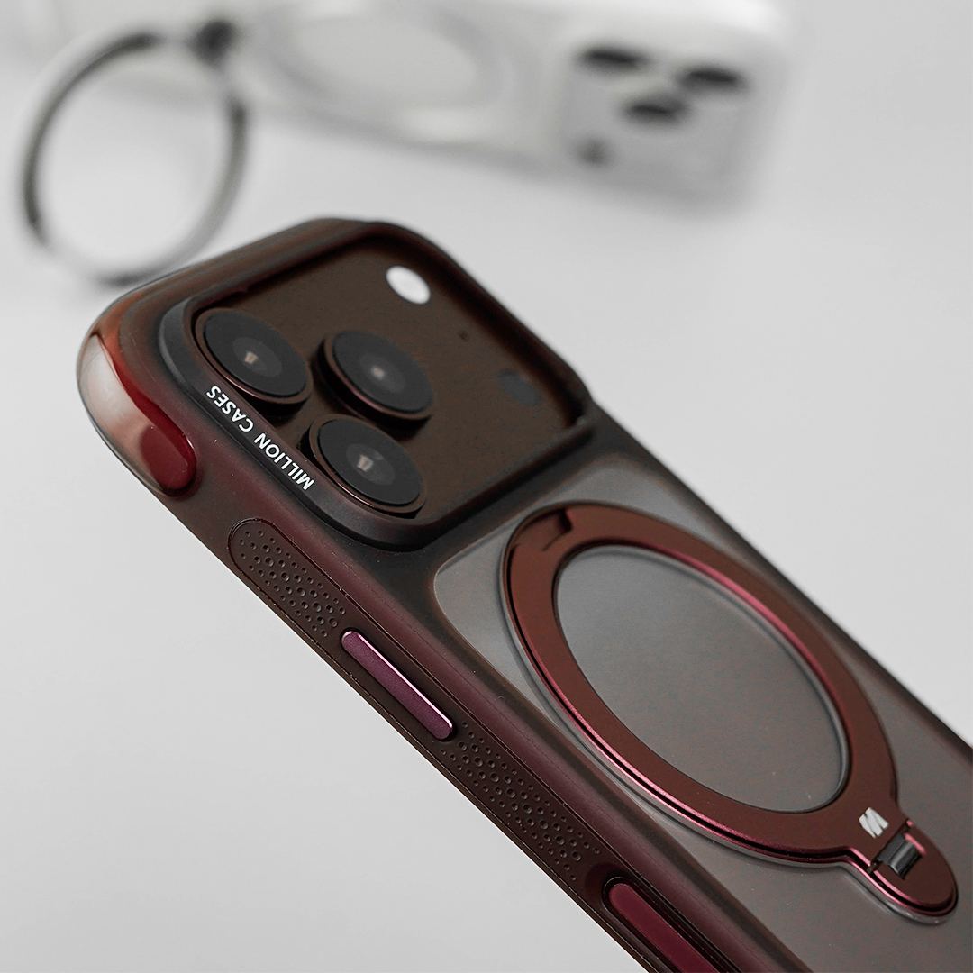 Air Pro case in Burgundy, close up of the metal ring and camera