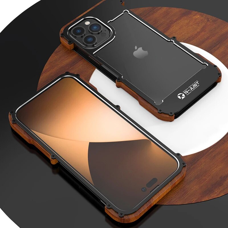 iPhone 15 Series R-Just Aluminium Natural Wood Anti Shock Bumper Case