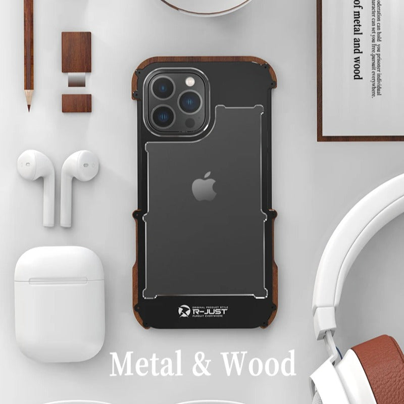 R-Just Aluminium Natural Wood Anti Shock Bumper Case - iPhone