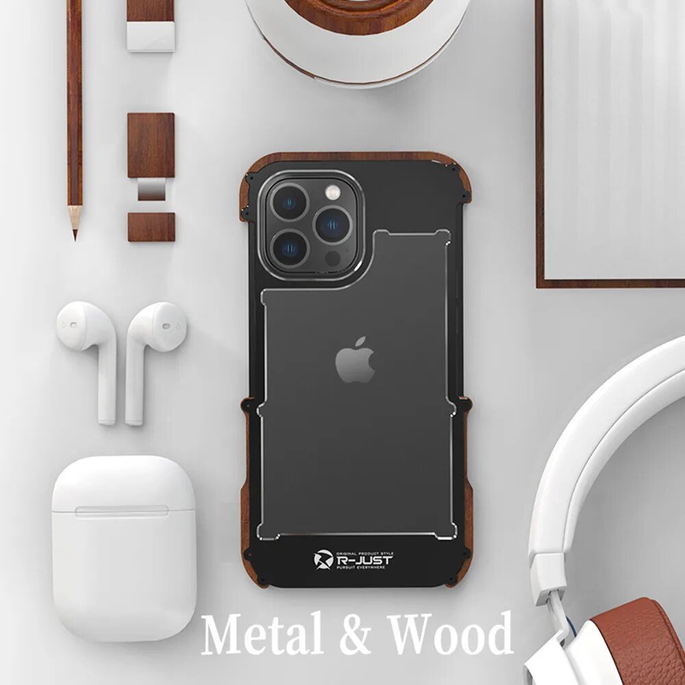 iPhone 15 Series R-Just Aluminium Natural Wood Anti Shock Bumper Case