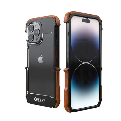 R-Just Aluminium Natural Wood Anti Shock Bumper Case - iPhone