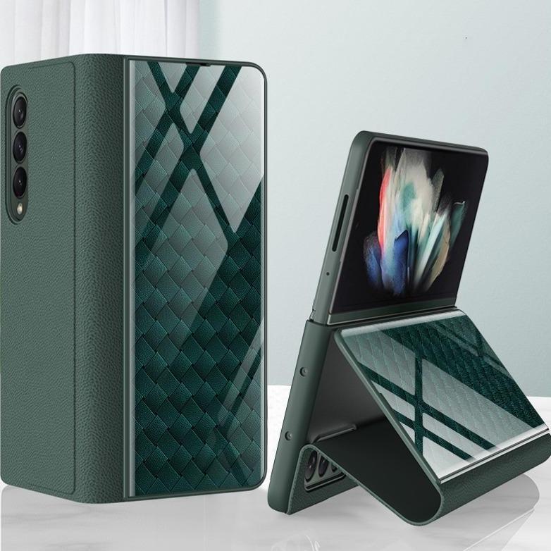 Galaxy Z Fold4 Grid Weaving Pattern Glass Flip Case