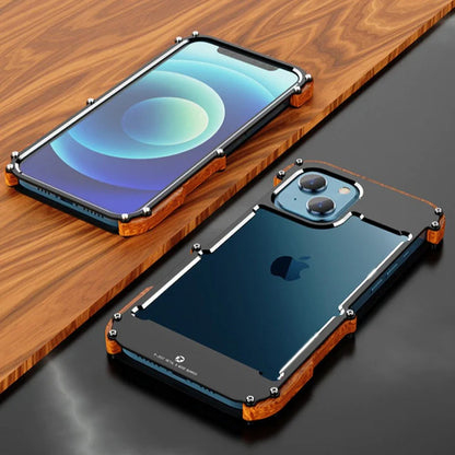 iPhone 14 R-Just Aluminium Natural Wood Anti Shock Bumper Case