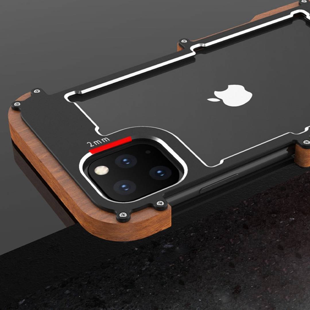 iPhone 14 R-Just Aluminium Natural Wood Anti Shock Bumper Case